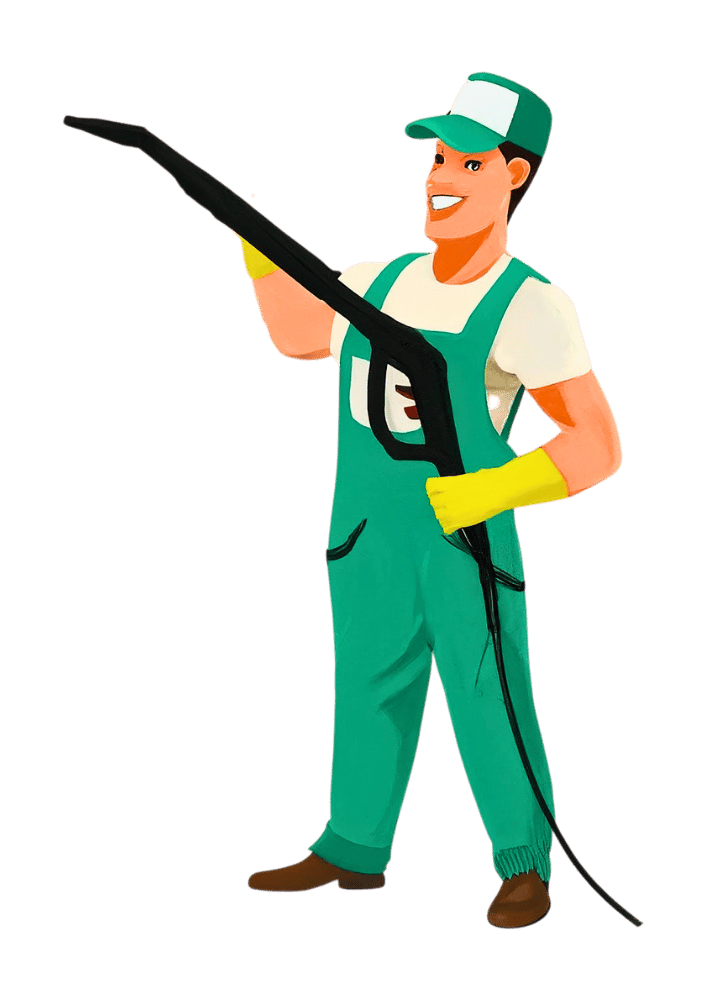 a cartoon of a man holding a hose